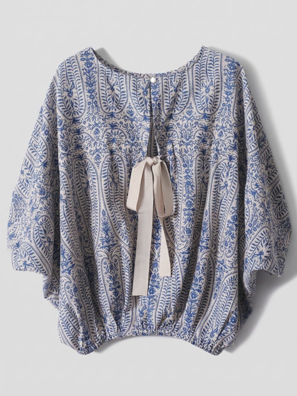 Women's Blue Paisley Boho Blouse Lantern Sleeve Round Neck Tie Back Top - Picture 5 of 5